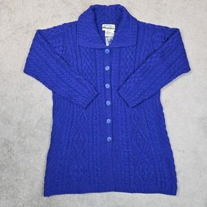 Aran Crafts Merino Wool Cable Knit Cardigan Womens L Long Blue Ireland NWT